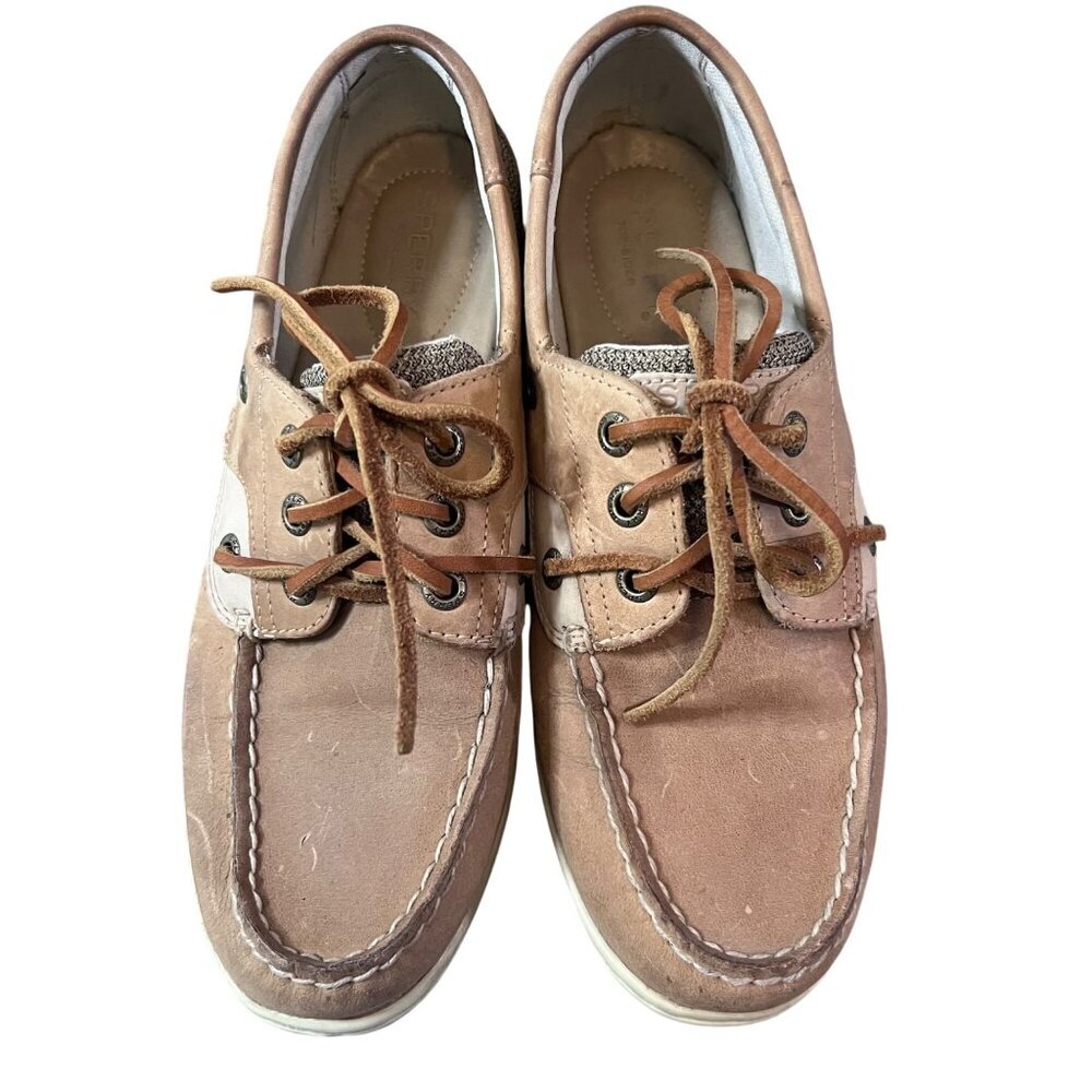 Sperry women's Leather & Canvas Boat Shoes Size 7 Tan & White